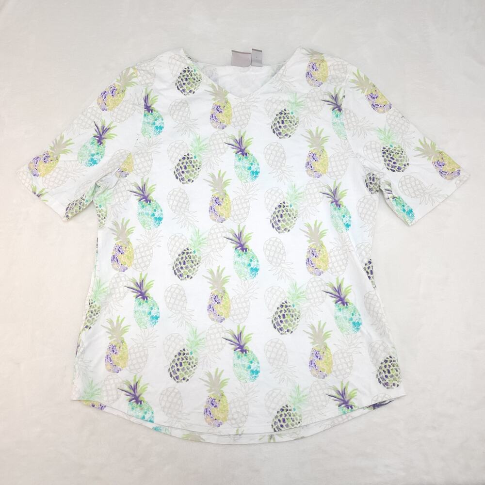 Pineapple Shirt Womens 2 XS Tropical Hawaiian V Neck White Teal Beige Aloha